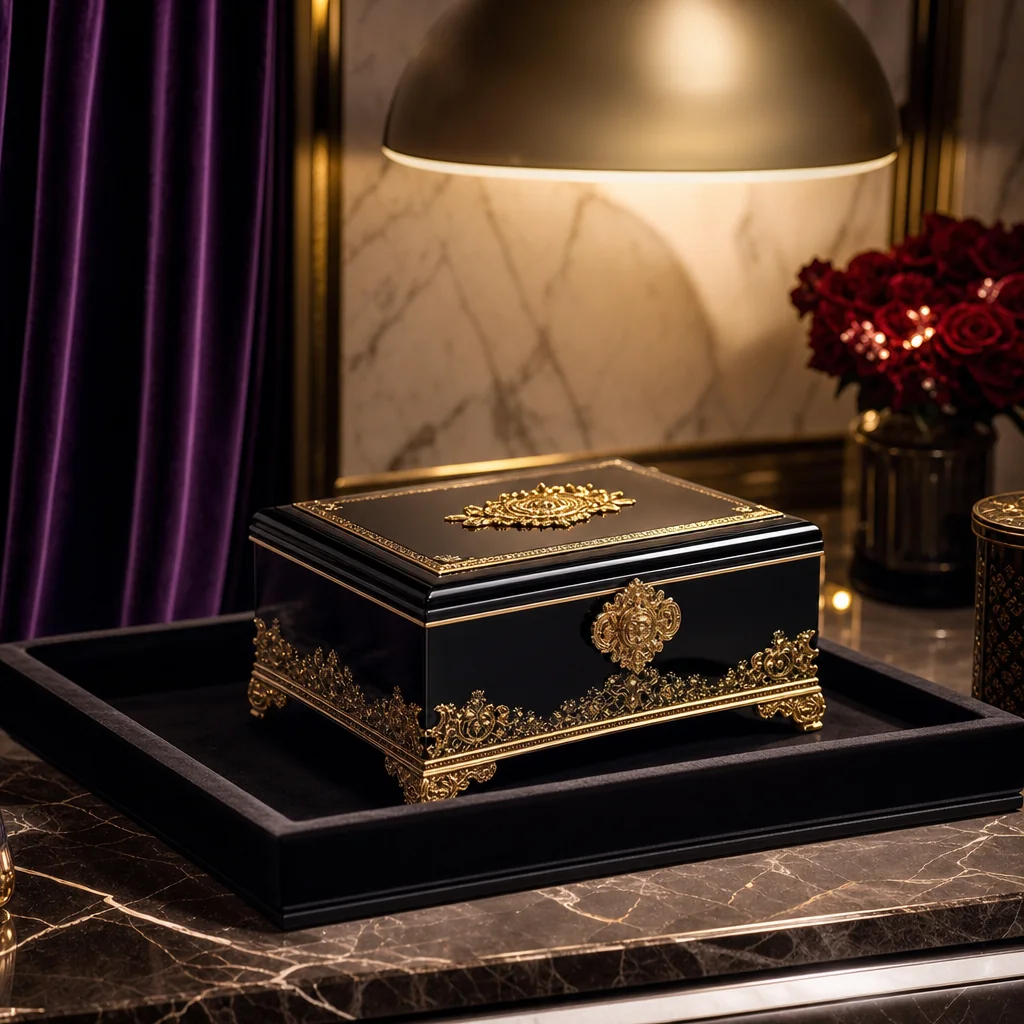 Ornate gold gift box on royal purple velvet