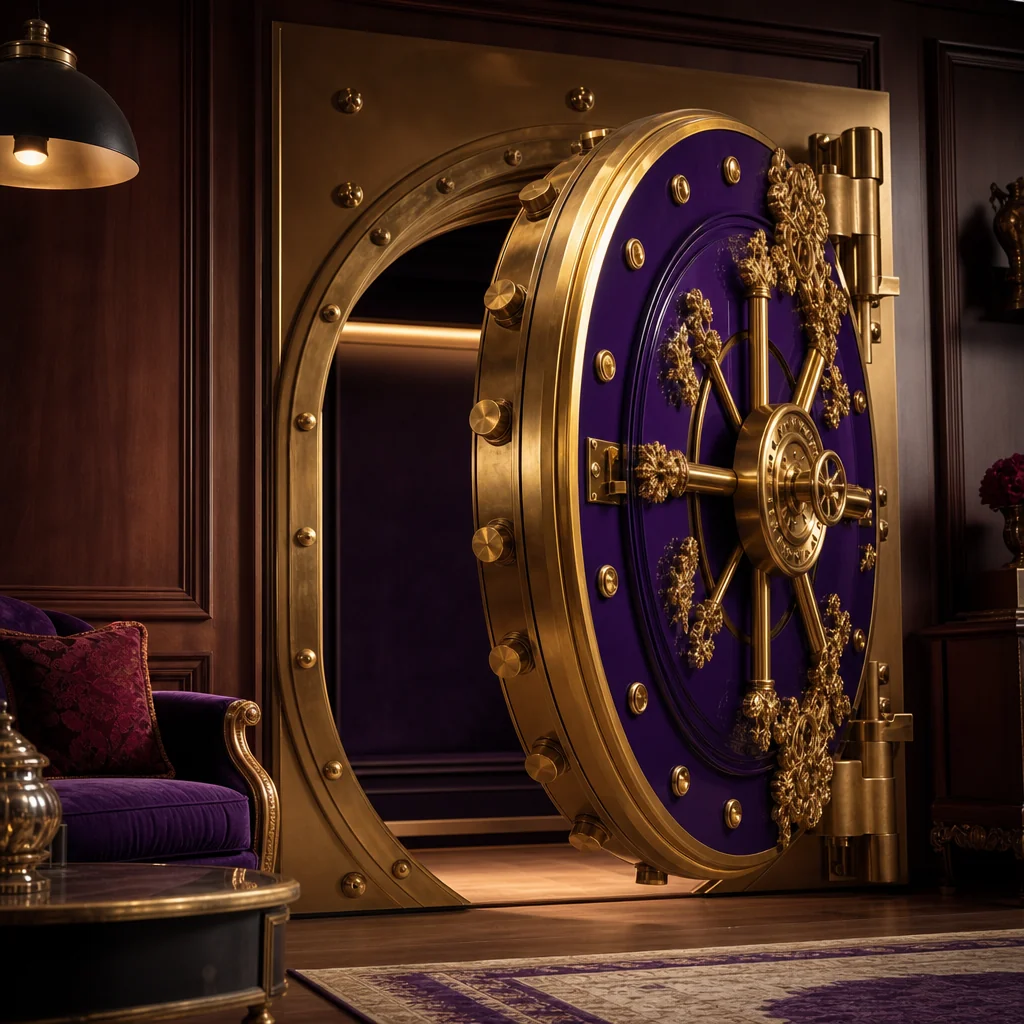 Heavy gold vault door with royal embellishments
